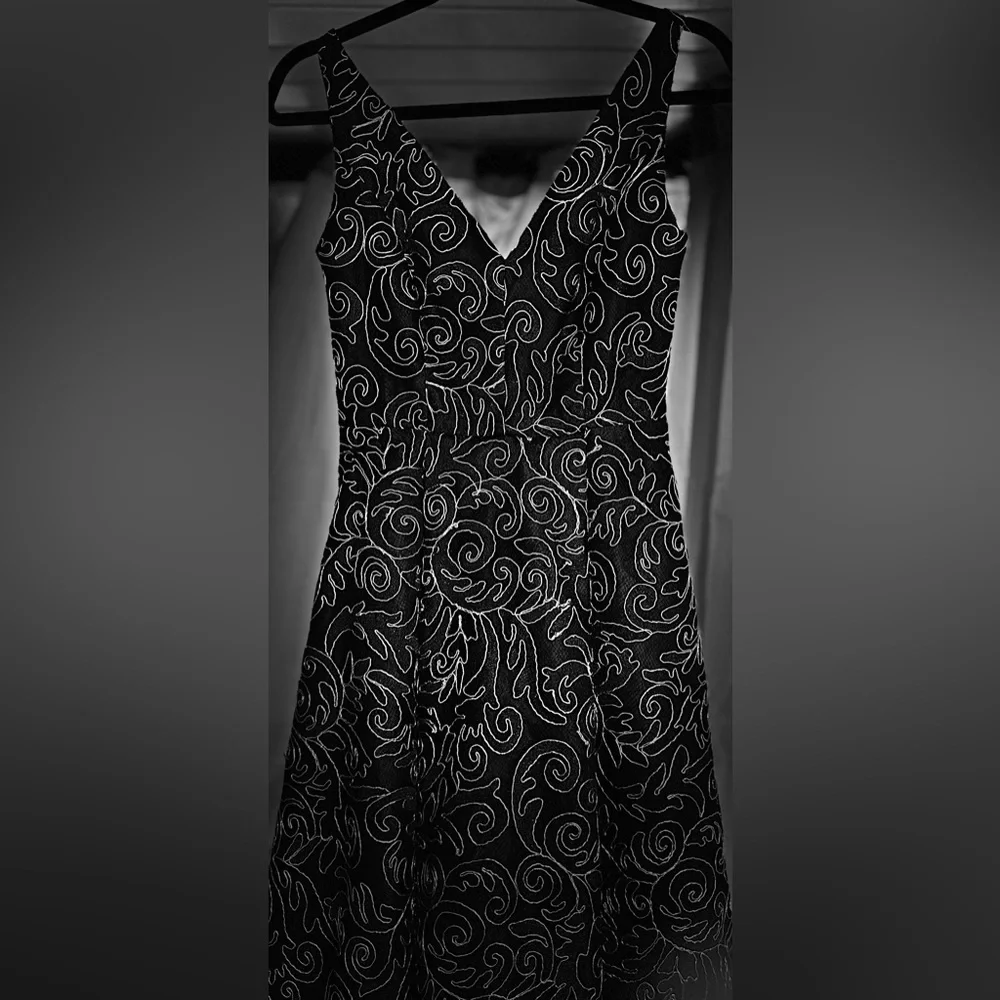 Calvin Klein Black High Low Evening Gown with Silver Swirl Embroidery